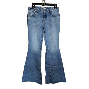 PacSun Womens Flare Jeans Raw Hem Blue Distressed Low Rise Faded Light Wash 28